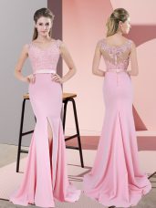 Baby Pink Prom Gown V-neck Sleeveless Sweep Train Zipper