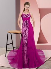 Sophisticated Fuchsia Prom Evening Gown Chiffon Sweep Train Sleeveless Beading and Lace