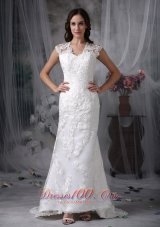 Custom Made Column Wedding Dress V-neck Lace Brush Train - Top Selling