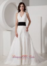 Customize A-line Halter Court Train Satin and Lace Appliques Wedding Dress - Top Selling