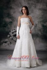 Custom Made A-line Strapless Lace Wedding Dress Bowknot Court Train - Top Selling