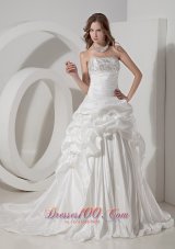 Luxurious A-line Strapless Chapel Train Taffeta Beading and Pick-ups Wedding Dress   - Top Selling