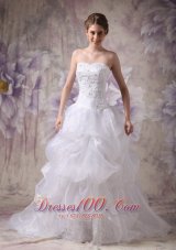 Beautiful A-line Strapless Chapel Train Organza Appliques Wedding Dress - Top Selling