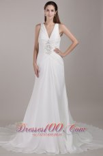 White A-line V-neck Chapel Train Chiffon Appliques Wedding Dress - Top Selling