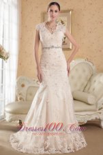 Champagne Mermaid V-neck Court Train Lace Beading Wedding Dress - Top Selling