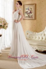 Brand new Empire V-neck Court Train Chiffon Bowknot and Ruch Wedding Dress - Top Selling