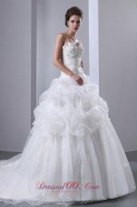 Romantic A-line Spaghetti Straps Wedding Dress Embroidery With Beading Chapel Train Taffeta and Organza - Top Selling