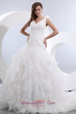 Gorgeous A-line V-neck Ruffles and Ruch Wedding Dress Brush Train Taffeta and Organza - Top Selling