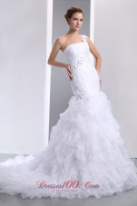 Romantic Mermaid One Shoulder Hand Made Flowers and Ruffles Wedding Dress Court Train Organza - Top Selling
