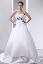 Graceful A-line Strapless Appliques Wedding Dress Brush Train Satin and Lace - Top Selling