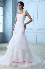 Modest A-line One Shoulder Court Train Organza Ruch and Hand Made Flowers Wedding Dress - Top Selling