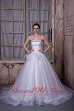 Simple A-line Strapless Wedding Dress Beading Satin and Tulle Chapel Train - Top Selling
