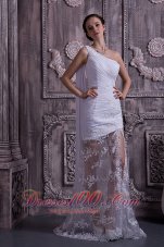Customize Column / Sheath Prom Dress One Shoulder Appliques With Beading Watteau Train Lace - Top Selling