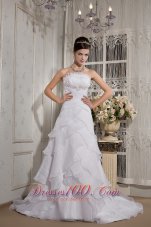 Cheap A-line Strapless Court Train Organza Appliques Wedding Dress - Top Selling