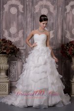 Classical A-line Sweetheart Court Train Organza Appliques and Ruch Wedding Dress - Top Selling