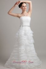 Exclusive A-line / Princess Court Train Strapless Organza Ruffles Wedding Dress