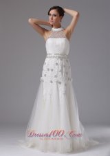 Halter Top Column Wedding Dress Lace Beading Brush Train In Avalon California
