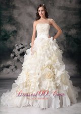 Beautiful A-line Strapless Chapel Train Organza Hand Made Flower Wedding Dress