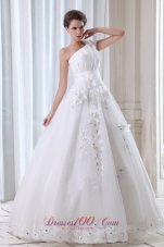 Romantic A-line One Shoulder Floor-length Tulle Beading and Appliques Wedding Dress