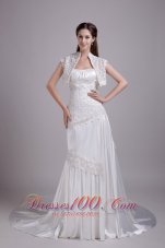 White Column / Sheath Strapless Brush Train Elastic Woven Satin Lace wedding Dress