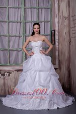 Elegant A-line Strapless Wedding Dress Taffeta and Organza Appliques Chapel Train