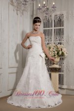 Affordable A-line Strapless Court Train Lace Bowknot Wedding Dress