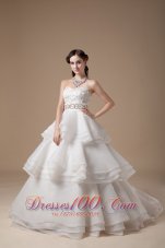Customer Made A-line Strapless Brush Train Taffeta and Organza Appliques with Beading Wedding Dress