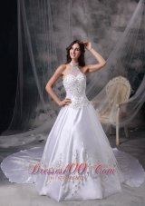 Custom Made White A-line Wedding Dress Halter Satin Embroidery and Beading Cathedral Train