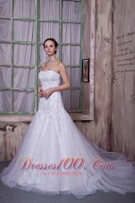 Custom Made A-line Strapless Wedding Dress Taffeta and Tulle Appliques Court Train