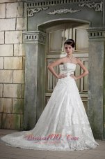Custom Made A-line Strapless Chapel Train Lace Wedding Dress