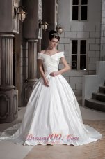 New A-line / Princess Off The Shoulder Court Train Satin Ruch Wedding Dress