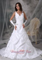 Custom Made A-line V-neck Wedding Dress Taffeta Beading Court Train