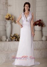 Customize Column Halter Wedding Dress Brush Train Satin Ruch and Beading