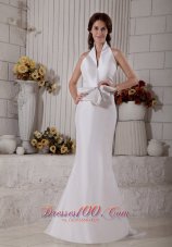 Simple Wedding Dress Mermaid Halter Brush Train Satin Bow