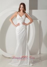 Popular Column / Sheath Halter Brush / Sweep Taffeta Ruched Wedding Dress