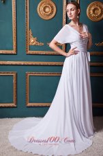 White Empire V-neck Court Train Chiffon Appliques Prom Dress