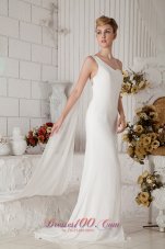 White Column One Shoulder Brush Train Chiffon Beading Prom Dress