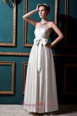 Sweet Column Strapless Floor-length Elastic Wove Satin Beading and Bows Wedding Dress