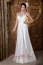 Custom Made A-line V-neck Floor-length Elastic Woven Satin Beading Wedding Dress