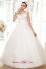 Simple A-line V-neck Floor-length Tulle and Taffeta Appliques Wedding Dress
