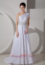 Luxurious Wedding Dress A-line One Shoulder Belt Court Train Satin
