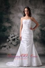 Beautiful Column Sweetheart Brush Train Satin Appliques Wedding Dress