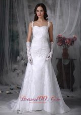 Sweet A-line Straps Wedding Dress Organza Appliques and Ruch Brush Train