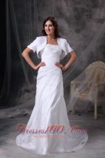 Custom Made Column Strapless Wedding Dress Taffeta Appliques and Ruch Court Train