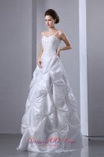 White A-line Spaghetti Straps Floor-length Taffeta Beading and Pick-ups Wedding Dress