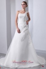 Simple A-line One Shoulder Chapel Train Satin and Organza Appliques With Beading Wedding Dress
