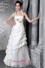 Modest A-Line / Princess Halter Floor-length Taffeta Appliques Wedding Dress