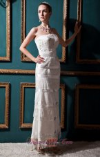 New Arrival Column Strapless Tea-length Special Fabric Beading and Lace Wedding Dress