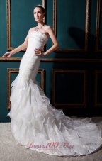 Popular Mermaid Strapless Court Train Organza Ruch Wedding Dress