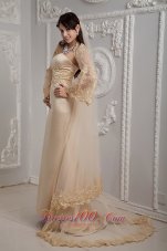 Roamntic Champagne Column Strapless Wedding Dress Satin Lace Brush Train